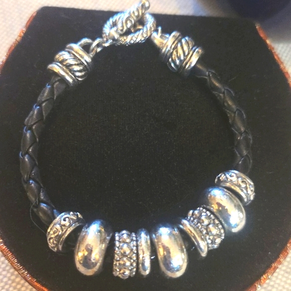 Brighton Silvertone Beaded Charm Bracelet on Braided Leather. - Picture 3 of 3